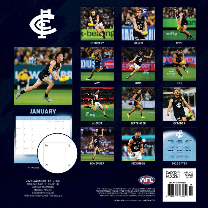 AFL Carlton Blues 2027 Square Wall Calendar