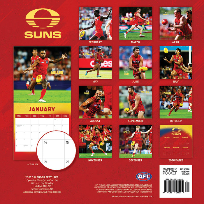AFL Gold Coast Suns 2027 Square Wall Calendar