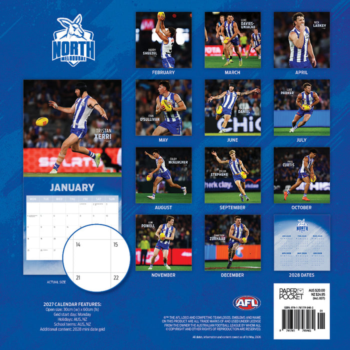 AFL North Melbourne Kangaroos 2027 Square Wall Calendar