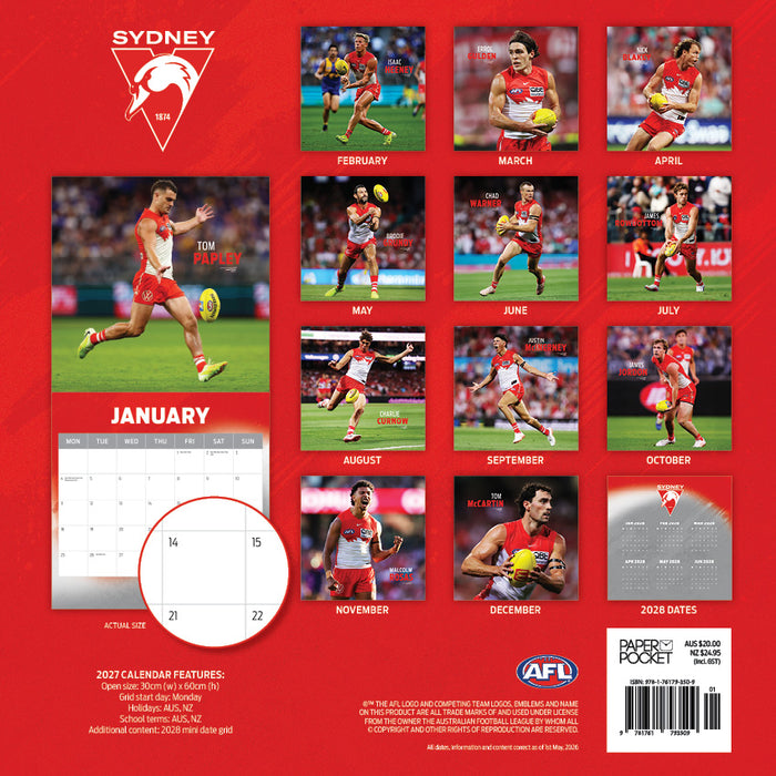 AFL Sydney Swans 2027 Square Wall Calendar