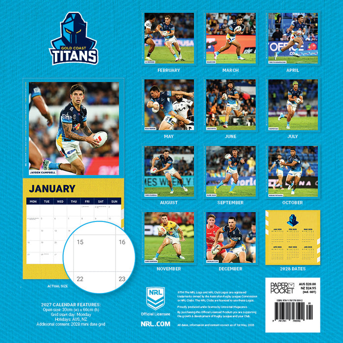 NRL Gold Coast Titans 2027 Square Wall Calendar
