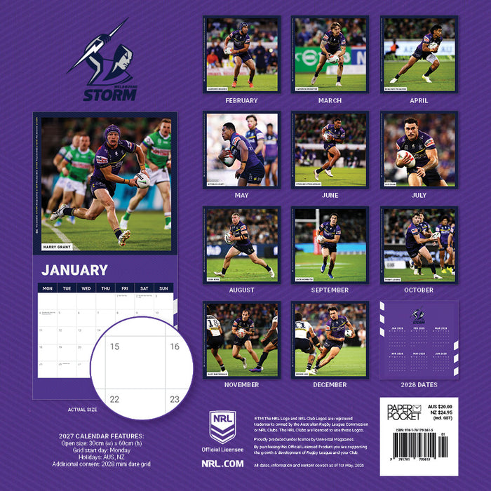 NRL Melbourne Storm 2027 Square Wall Calendar