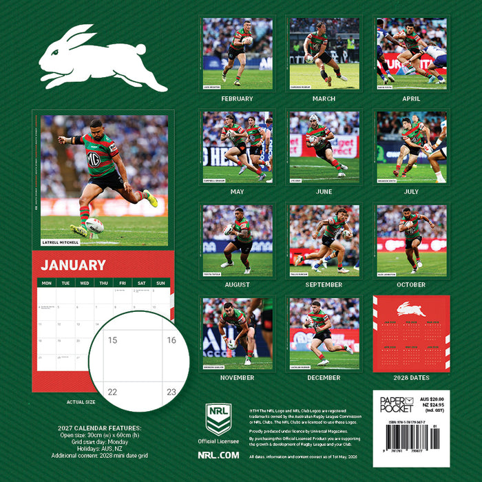 NRL South Sydney Rabbitohs 2027 Square Wall Calendar