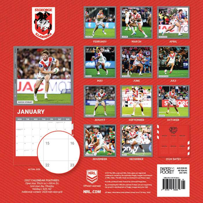 NRL St George Illawarra Dragon 2027 Square Wall Calendar