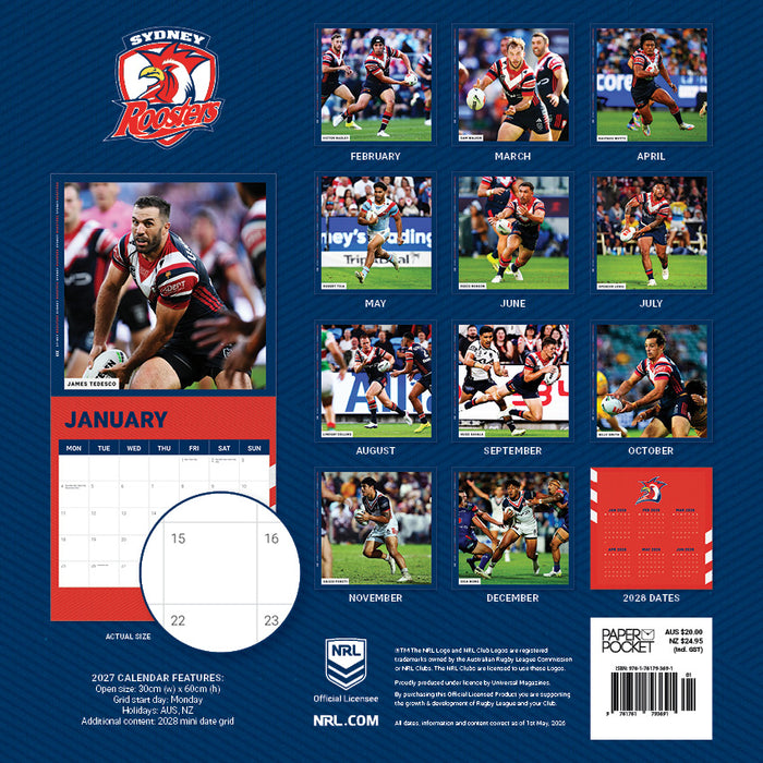 NRL Sydney Roosters 2027 Square Wall Calendar