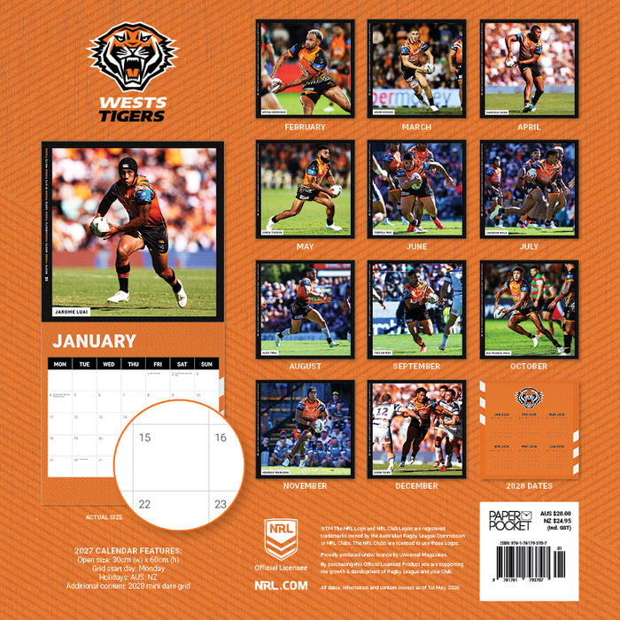 NRL Wests Tigers 2027 Square Wall Calendar