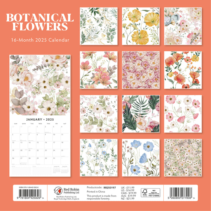 2025 Botanical Flowers Wall Calendar