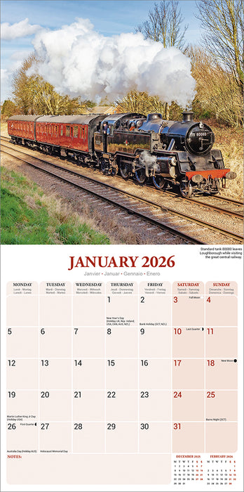 Steam Trains 2026 Square Wall Calendar