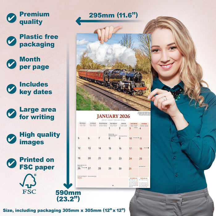 Steam Trains 2026 Square Wall Calendar