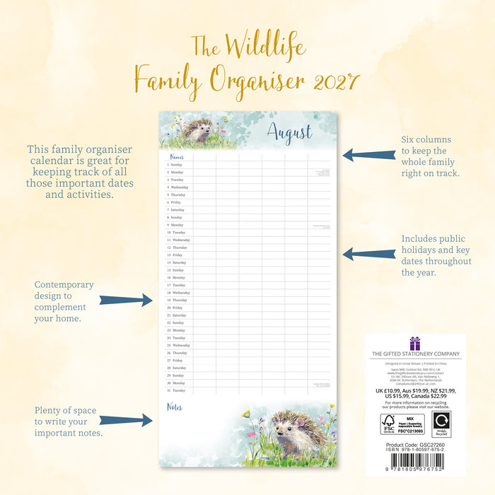 Family Organiser The Wildlife  2027 Square Wall Calendar