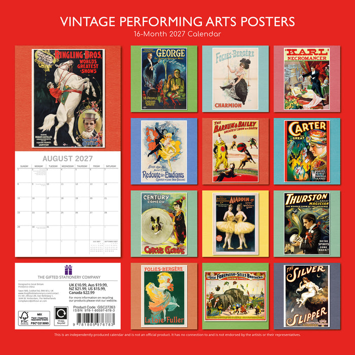 Vintage Performing Arts Posters 2027 Square Wall Calendar