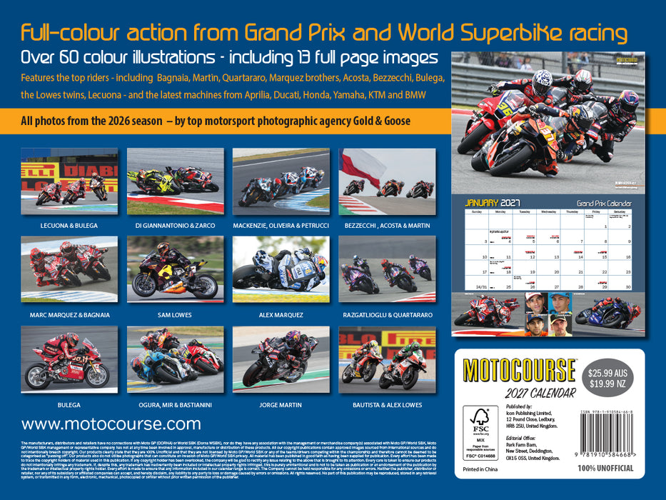 Motocourse Grand Prix Superbik 2027 Large Wall Calendar