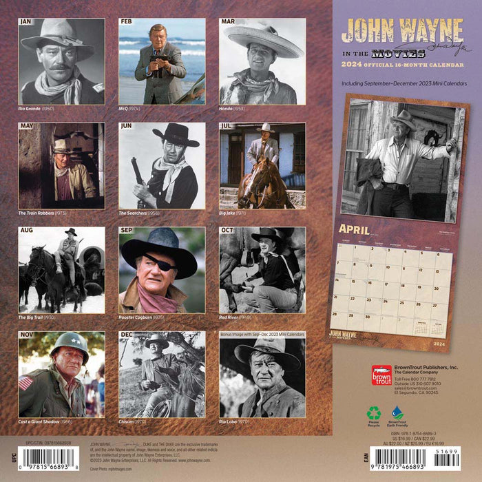 2024 John Wayne In The Movies Wall Calendar