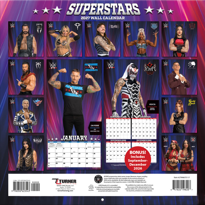 WWE Wrestling Superstars 2027 Square Wall Calendar
