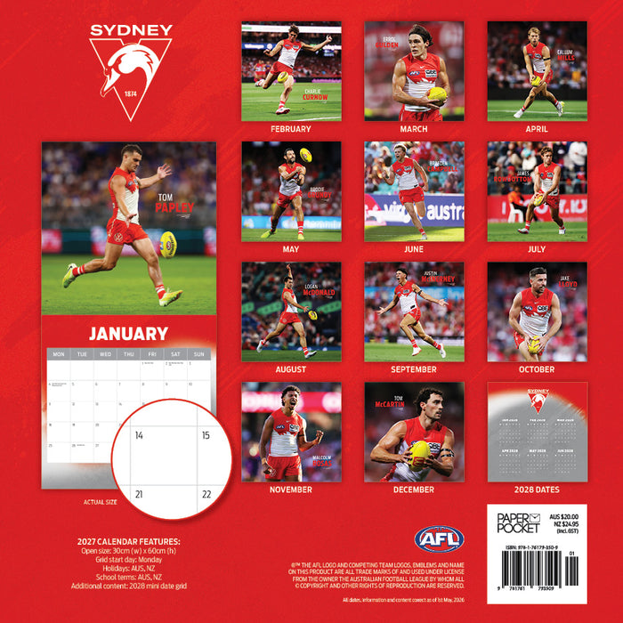 AFL Sydney Swans 2027 Square Wall Calendar