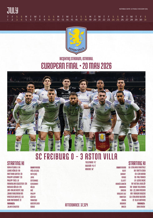 Aston Villa Football Club Deluxe 2027 A3 Wall Calendar